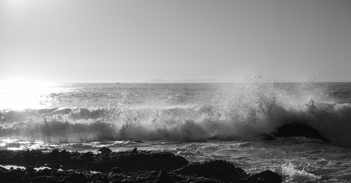 Black and white seascape of ocean waves crashing against rocks with a clear horizon.